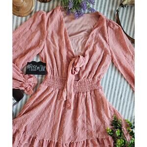 Boho Dusty Pink Long Sleeve V Neck Swiss Dot Ruffle Dress